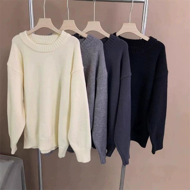 

Осень и зима новый однотонный простой и универсальный пуловер с круглым вырезом женский большого размера свободный внутренний вязаный свитер one size fits all чёрный