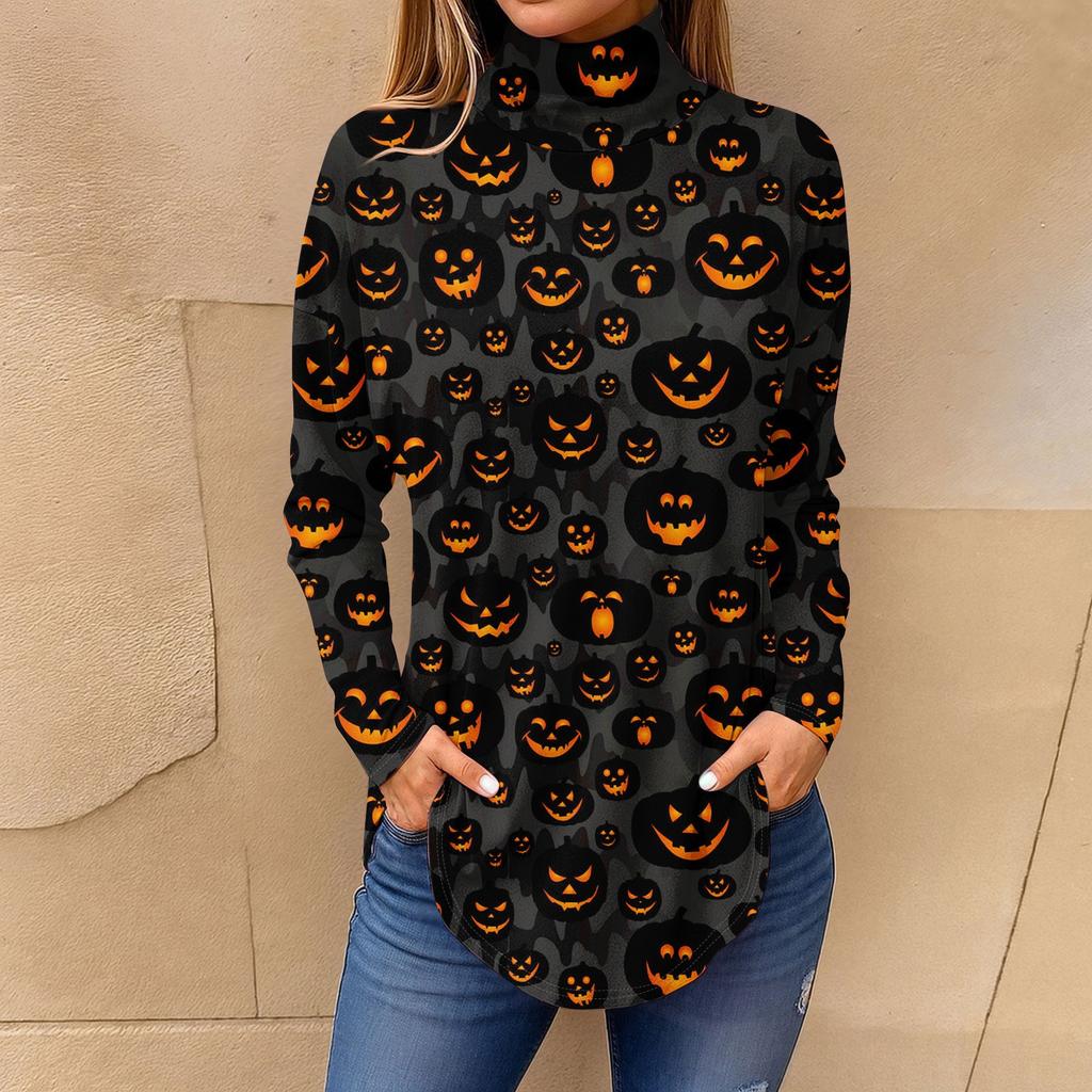 Tee Shirts For Women Fall Casual Long Sleeve Shirts Sweatshirt Vintage Printed High Neck Top Pullover