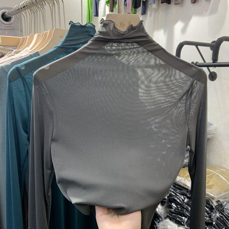 

Весенние новые сетчатые кружевные леггинсы женские с длинным рукавом и высоким воротом внутри однотонная блузка с длинными рукавами M