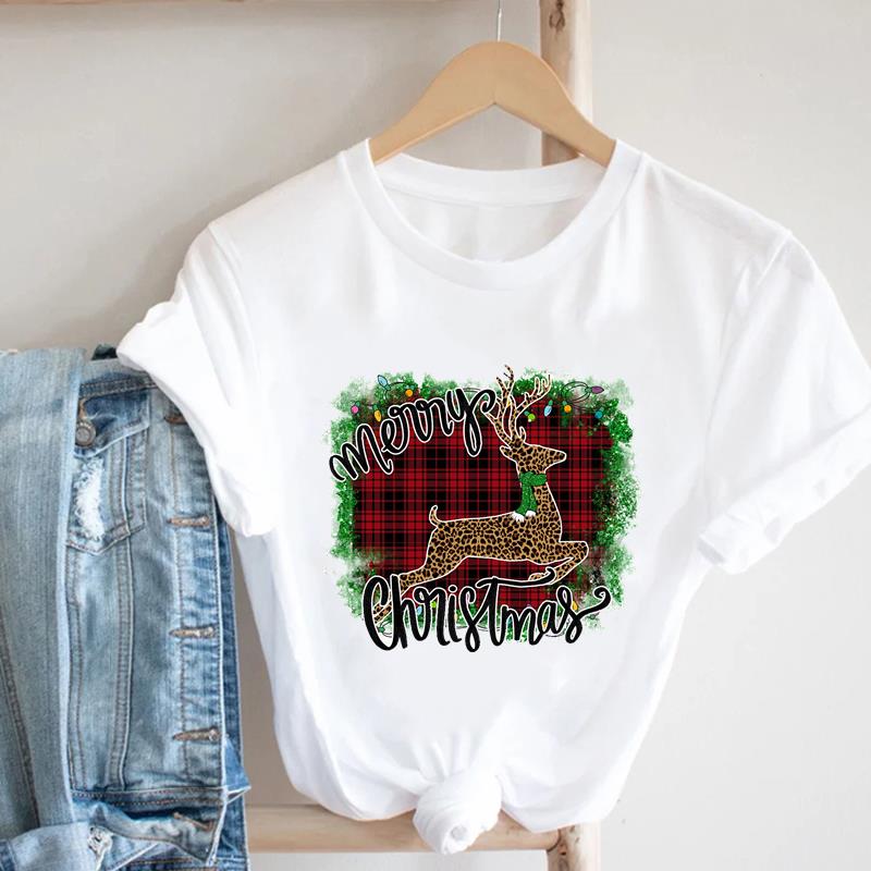 

(Азиатский размер) Футболка с леопардовым оленем в стиле 90-х годов, тренд с Рождеством, Новым годом, праздником, повседневная женская футболка с принтом, женские модные футболки с коротким рукавом