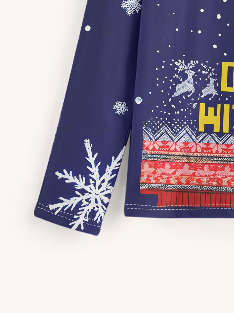 Men's Christmas-themed printed long-sleeved T-shirt, stylish and casual crew neck undershirt, suitable for holiday parties.