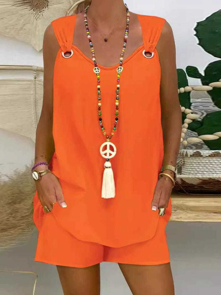

2025 V-образный вырез без рукавов жилет и шорты летняя одежда, женская одежда XL оранжевый