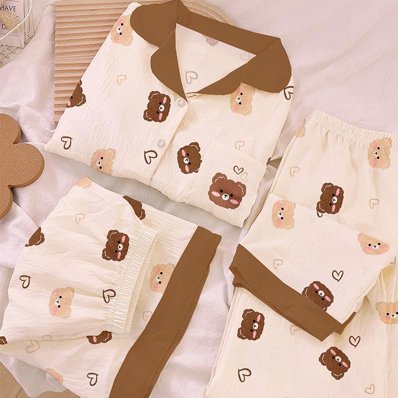 Cartoon Bear Mori Cloud Cotton Pajamas Women'S Summer Sweet Loungewear Short-Sleeved Three-Piece Set