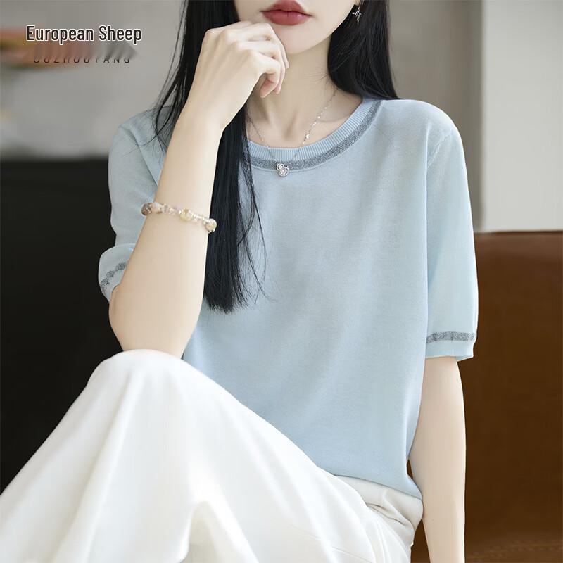 Elegant Women s Tencel Knit Short-Sleeve Top M синий