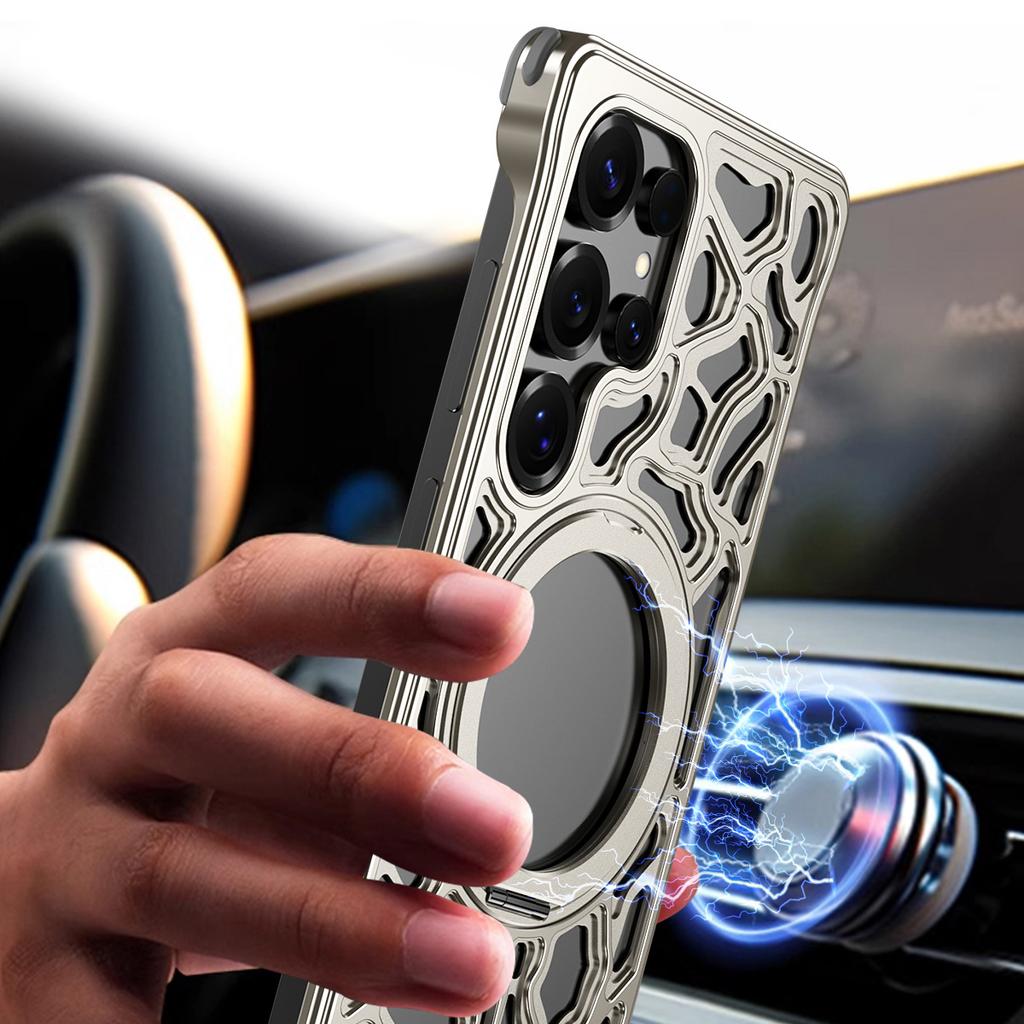 For Samsung Galaxy S25 Ultra Case Alloy Metal Borderless Back Cover with Magnetic Kickstand