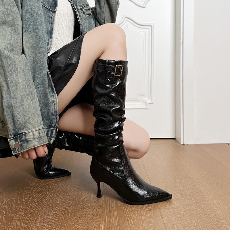 665 Stiletto Heel Over-the-Knee Boots - Autumn/Winter Pointed Toe, Slimming, Wrinkled, Stacked Shaft.