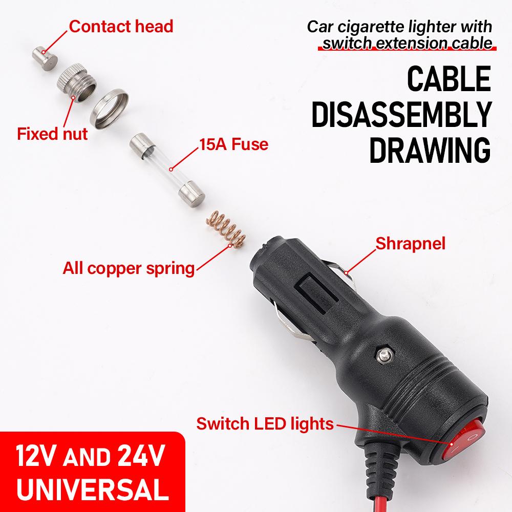 12V/24V Universal Black Car Cigarette Lighter With Switch Extension Cable Charger Power Adapter Car Accsesories Tools 3M