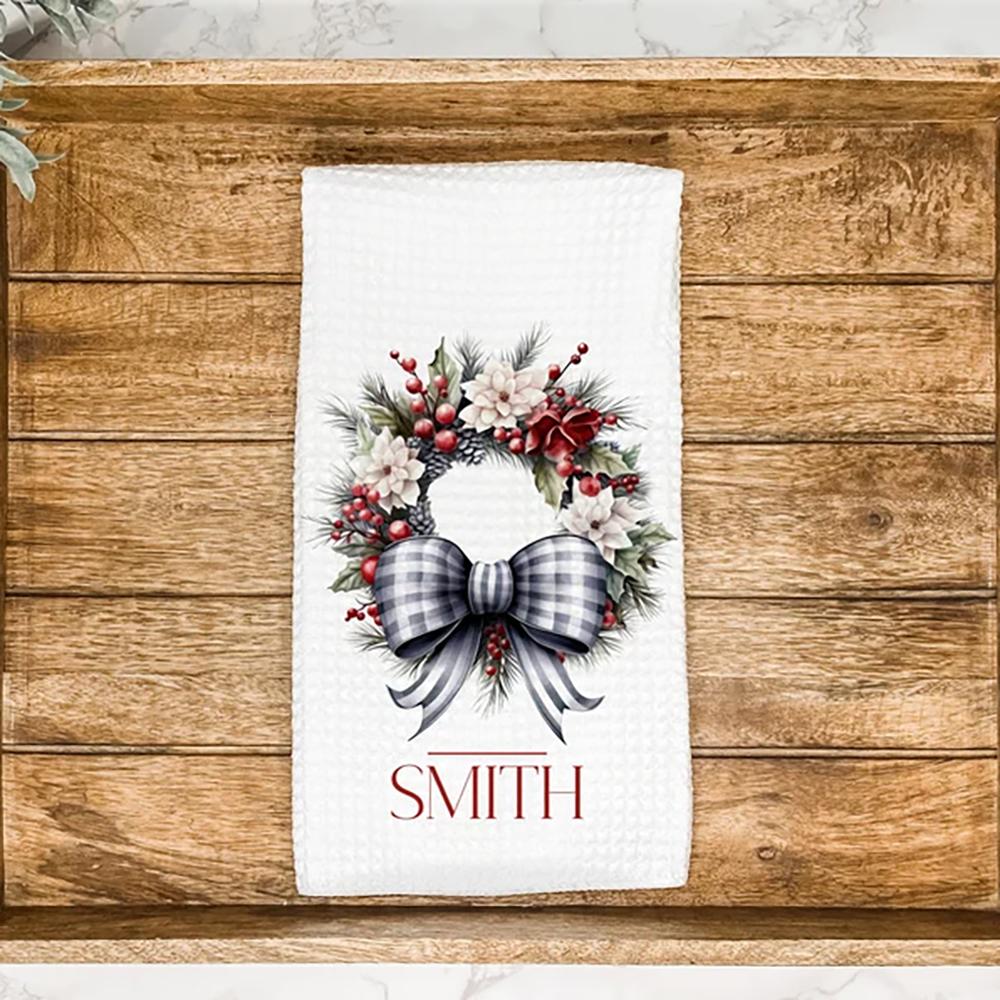 Custom Family Name Christmas Wreath Waffle Tea Towel Kitchen Hand Towel Housewarming Hostess Gift Christmas Winter Home Decor