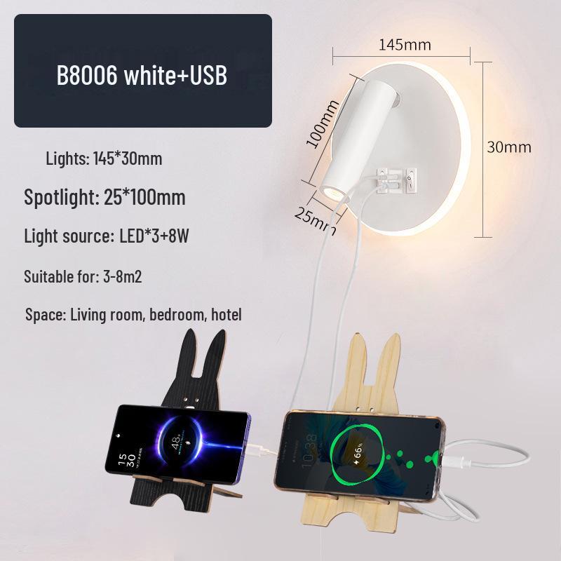 Modern Minimalist Indoor LED Wall Lamp with USB Reading Light for Bedroom or Living Room.