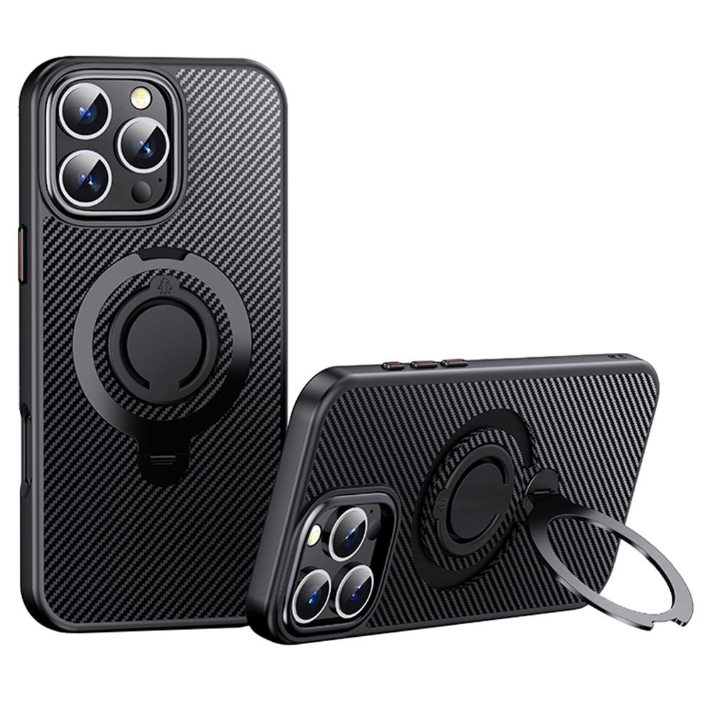 For iPhone 16 Pro Case Compatible with MagSafe Kickstand Carbon Fiber Texture PC+TPU Phone Cover with Silicone Ring