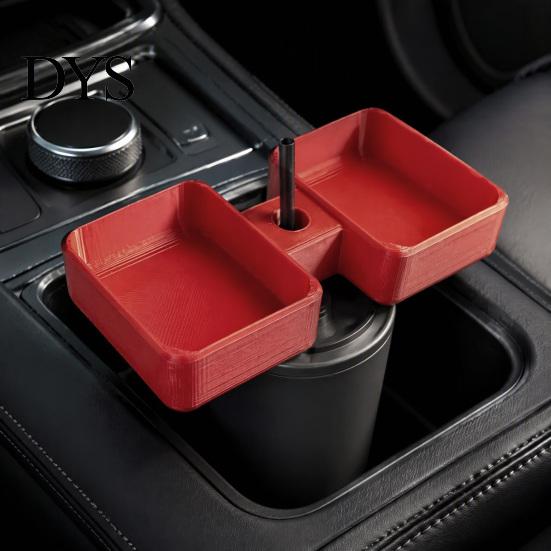 Car Interior Accessories 3D Printed Cup Holder Condiment Tray, 2 Compartment Dip Sauce Dispenser for Container with Straw Hole, Universal Vehicle