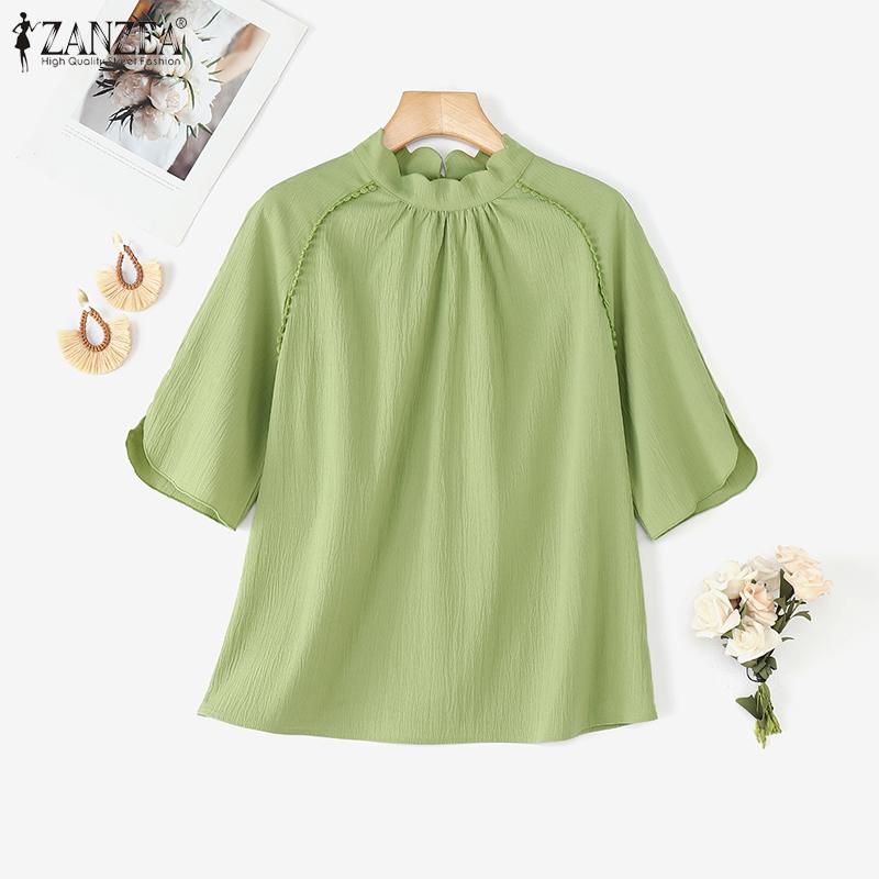 ZANZEA Women Casual Stand Collar Loose 3/4 Sleeve Solid Blouse