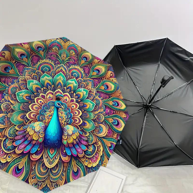 Colorful Peacock Feather Mandala Automatic Opening Folding Umbrella - Portable 3-Fold Design with Iron Frame, Perfect for Outdoor Use, Festi
