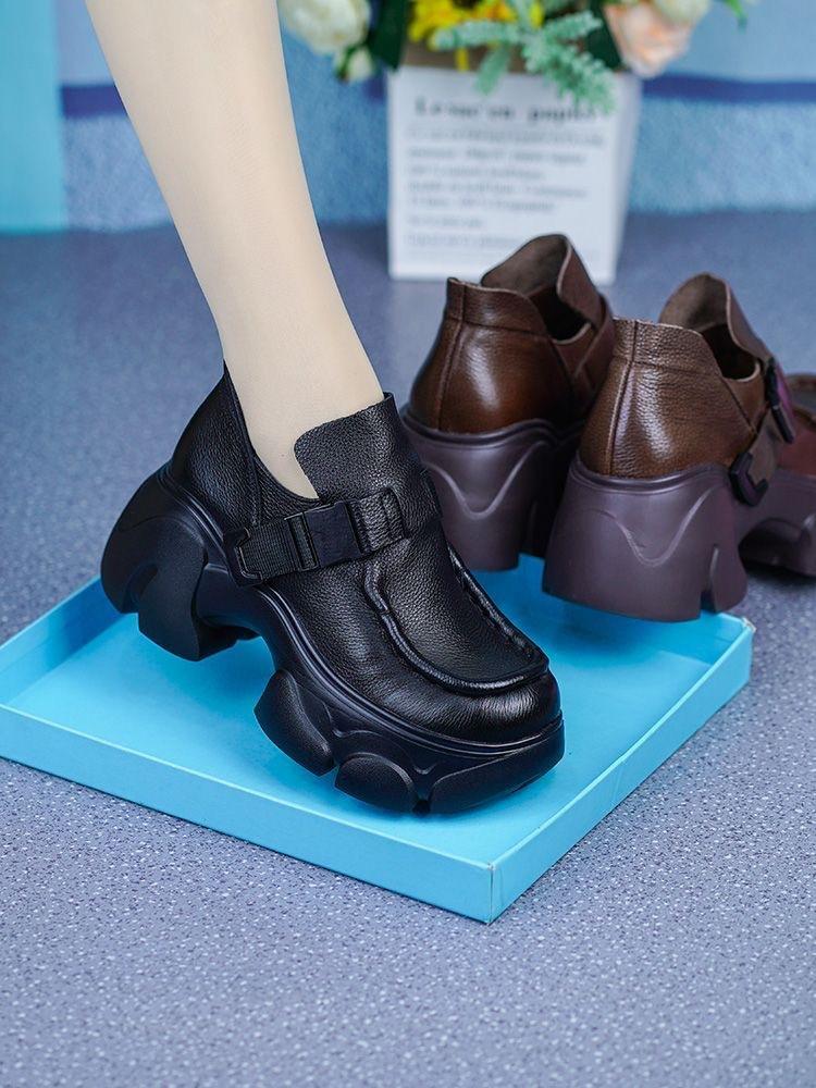 Soft Leather Single Shoes Women's 2025 Spring and Autumn New Small Height Increase Casual Leather Shoes Muffin Le Comfortable Thick-soled Deep-m