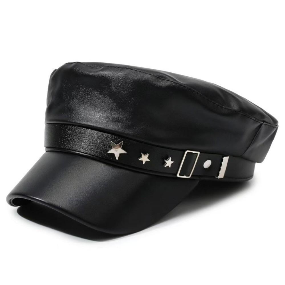 Black Beret Hat PU Leather Sailor Visor Hat Retro Newsboy Cap