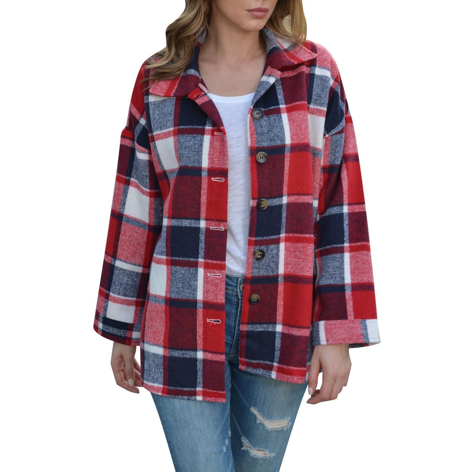 

Женские осенние топы, женские длинные клетчатые жакеты из шерстяной смеси, рубашки на пуговицах, пальто с карманами XL красный