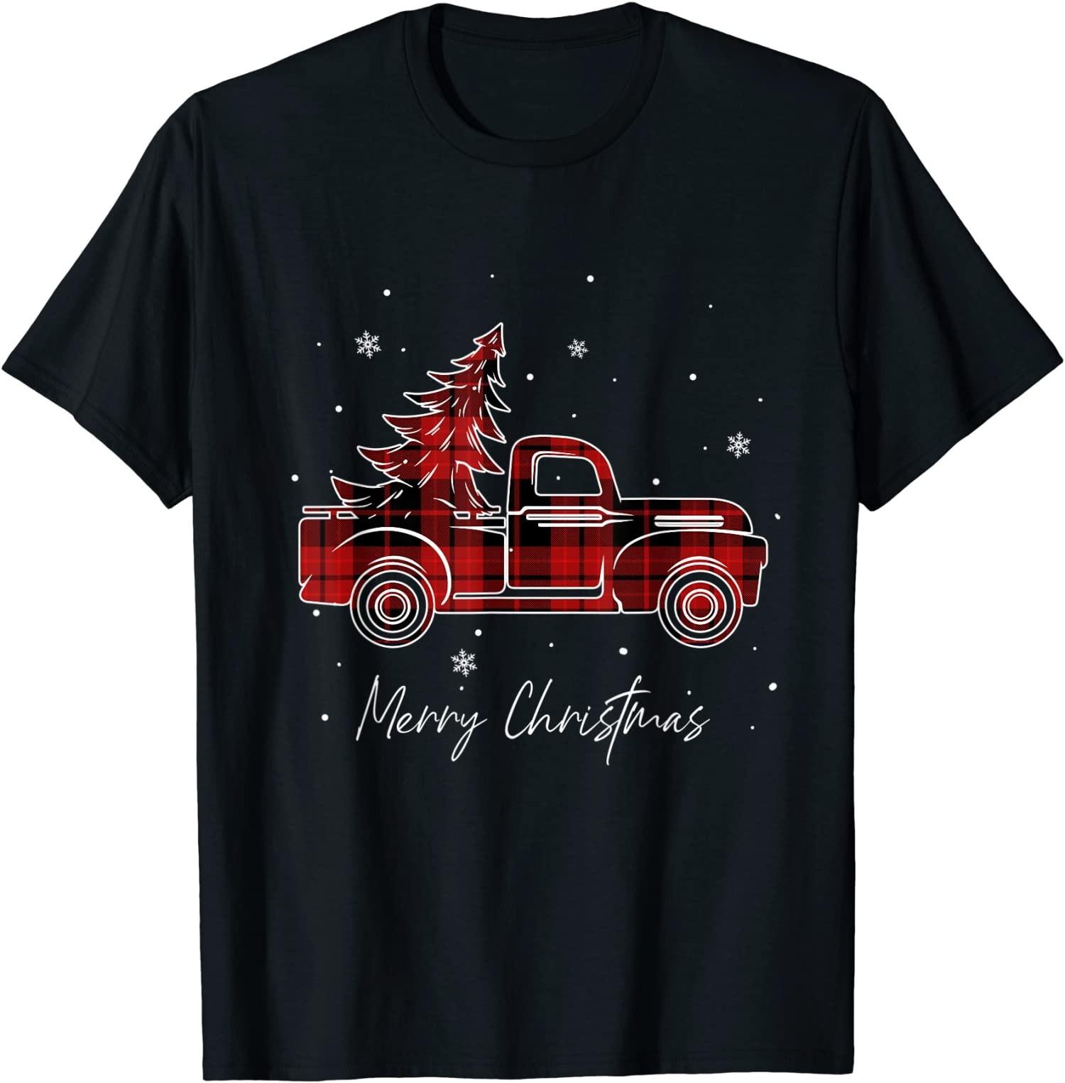 BEST! Merry Christmas Buffalo Truck Tree Red Plaid Tee S-3XL M