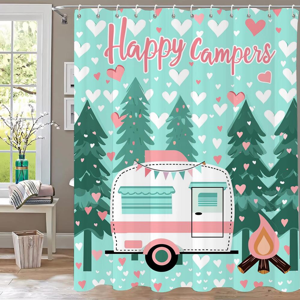 1Pc Cartoon Happy Camper Print Shower Curtain Partition Privacy Hanging Bathroom Curtain With 12 Hooks Machine Washable