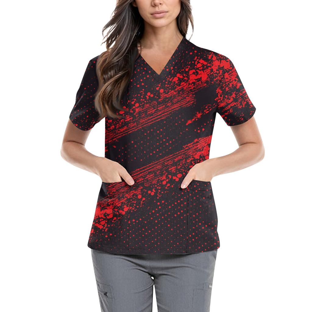 Damskie urocze ubrania do pracy z nadrukiem dekolt V podwójna warstwa kieszenie podstawowy top z krótkim rękawem wkładany Walentynki