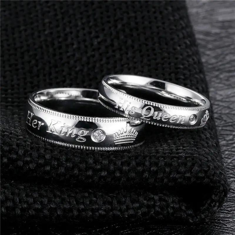Fashion Stainless Steel Couple Rings Her King His Queen Statement Rings Zircon Crown Ring Romantic Anniversary Wedding Band Ring