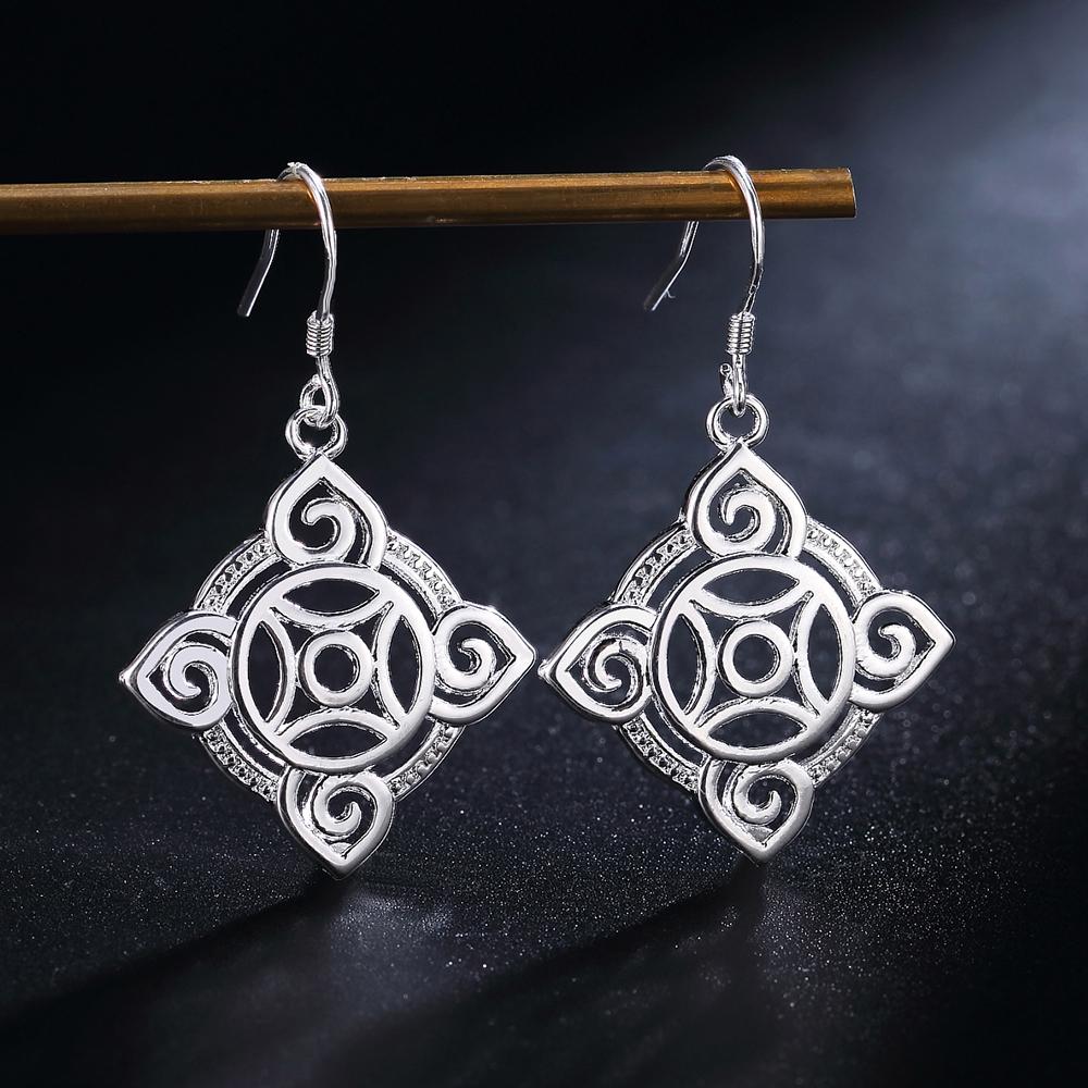 925 Sterling Silver Geometric Pattern Hanging Piercing Earrings Fashionable Wedding Jewelry
