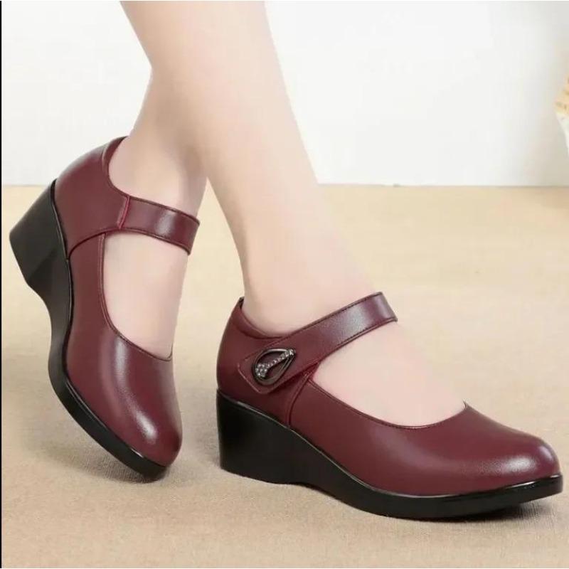 Zapatos De Mujer Women Cute Comfort Buckle Strap Black Patent Leather Height Increased Shoes Lady Cool Wine Red Heel Shoes