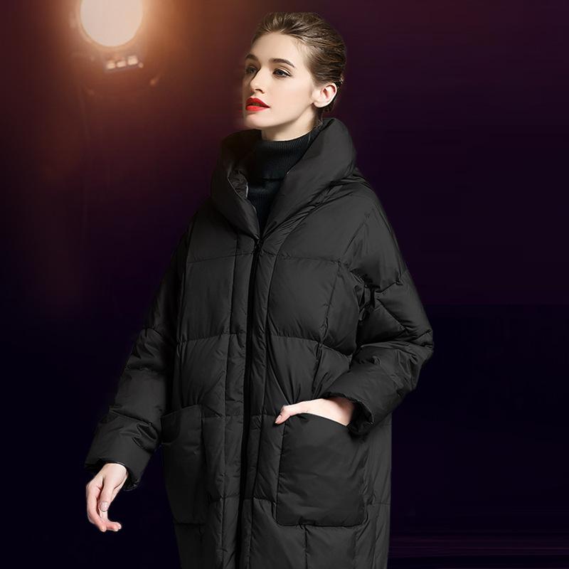 Women's Winter Europe Station Down Jacket Women's Long Over Knee Hooded Loose Thickened Long Slim Down Jacket Tide