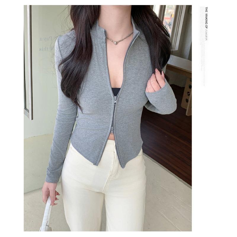 Women S Stand Collar Double Zip Knit Jacket Slim Fit Short Long Sleeve Top
