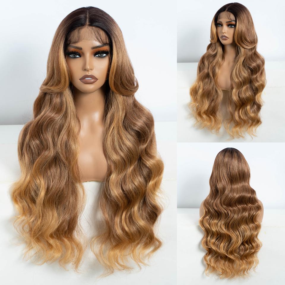 Synthetic Body Wave Lace Front Wigs For Women 28 inch Omber Blonde Black Lace Frontal Wigs Heat Resistant Fiber Cosplay Wig