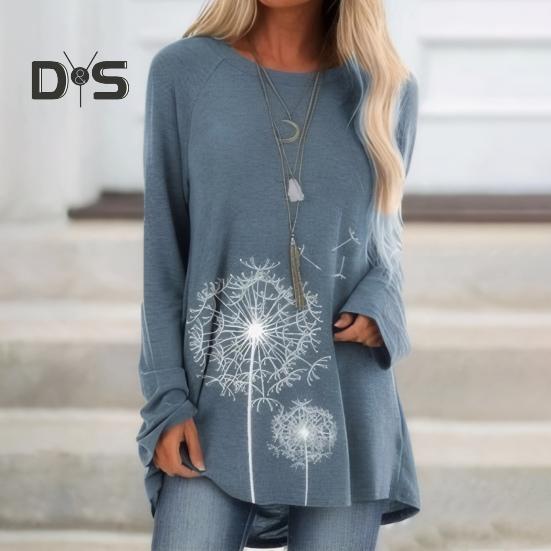Women's Plus Size Tunic Top Dandelion Print Longline Shirt Crew Neck Long Sleeve Pullover Tee Casual Loose Fit Blouse for Work Daily Life