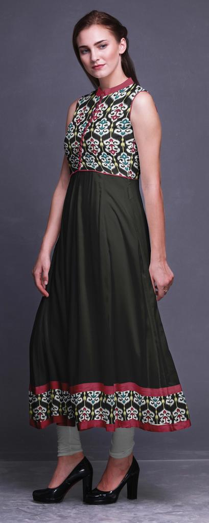 Bimba Black Floral Printed Women Designer Mandarin Collar Anarkali Dress Indian Ethnic Kurta