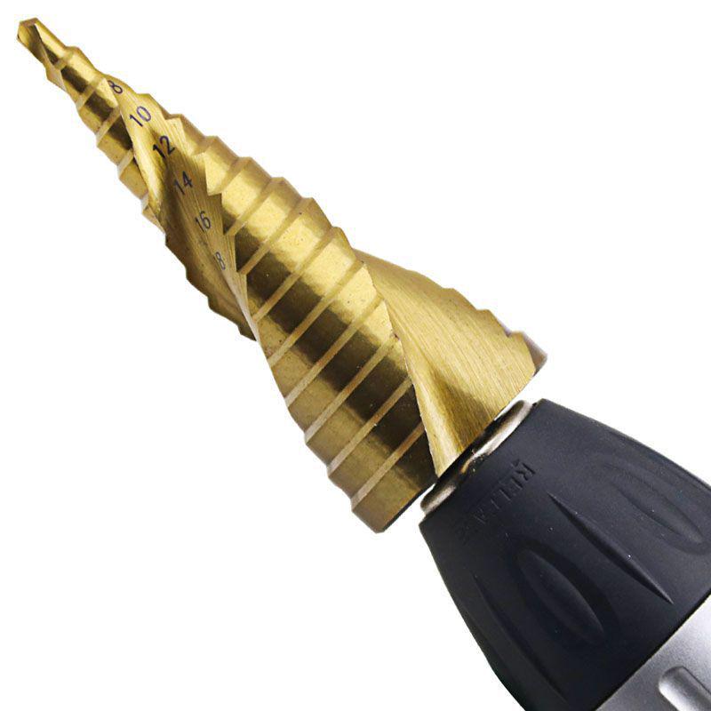 Triangle Pattern Titanium-Plated Spiral Flute Step Drill Bit Set: Sizes 4-12, 4-20, 4-32