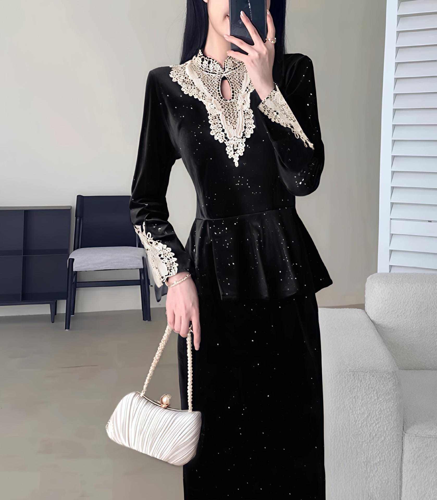 Autumn Retro Color Block Ruffle Slim Women s Mid-Length Dress 2025 M чёрный