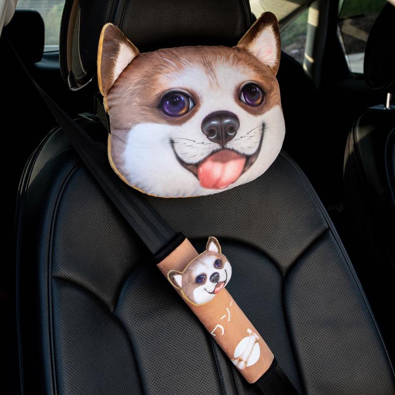Funny Cat and Dog Seat Headrest Car Shoulder Pad Set Neck Protection Pillow Cute Cartoon Car Interior