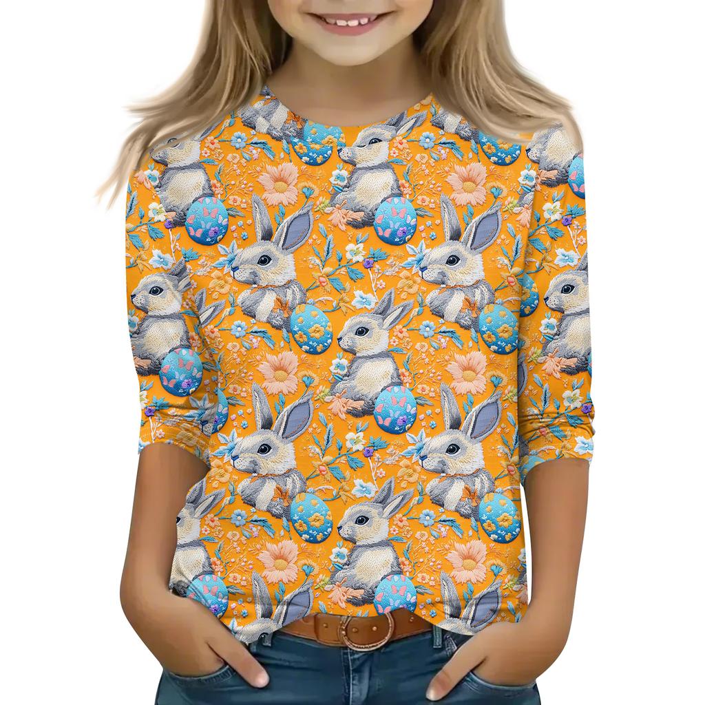 Print Tops For Youth Girls Round Neck 3/4 Sleeves T-Shirts Trendy Tops Outfit Tees