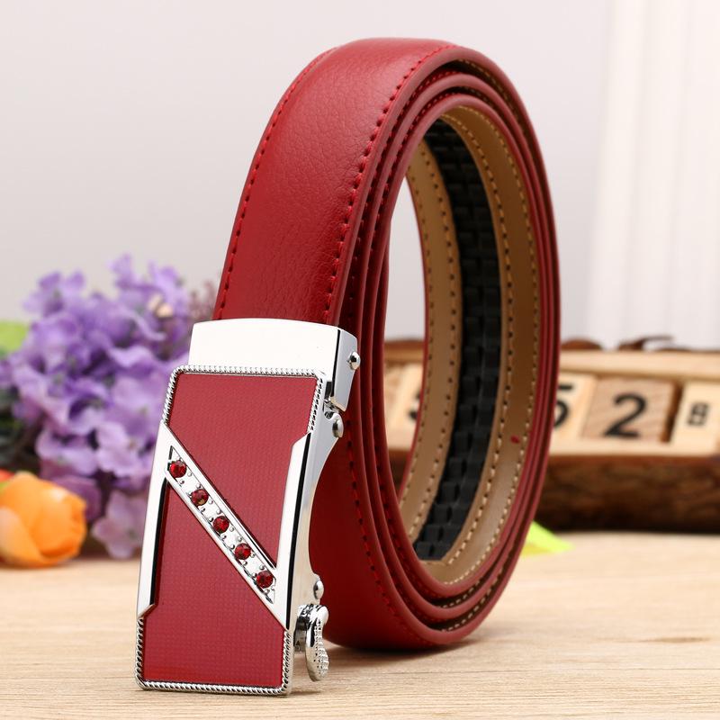 Women's Casual Double-Sided Lychee Pattern Leather Belt with Automatic Buckle