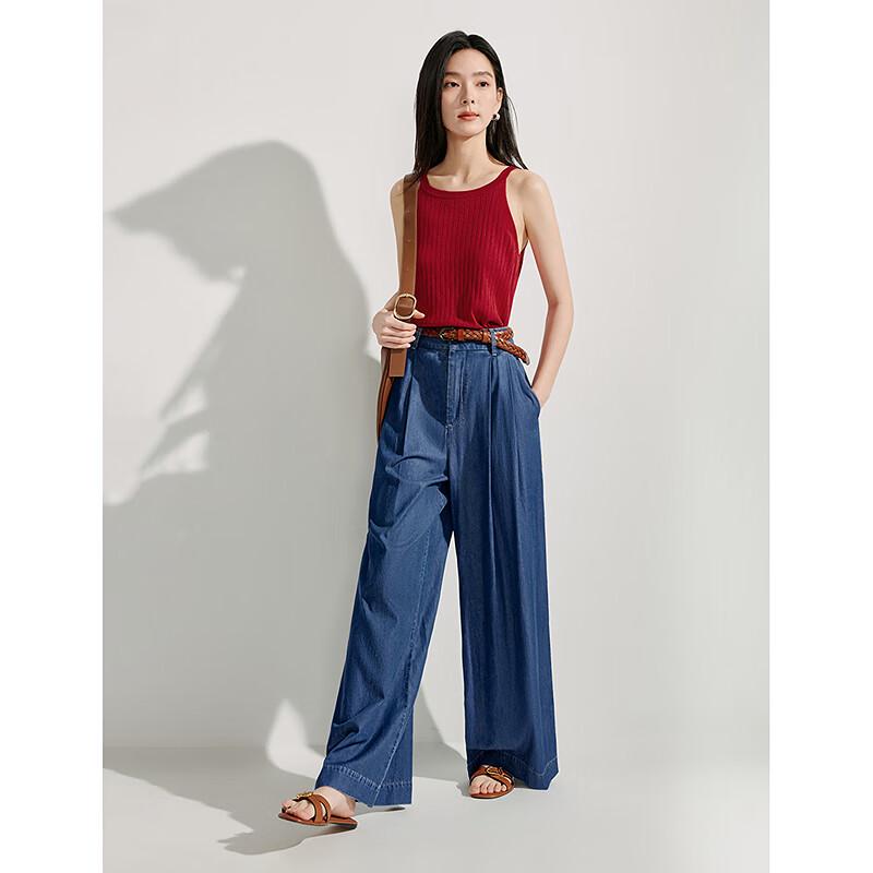 INMAN Women's Draped Wide-Leg Denim Pants