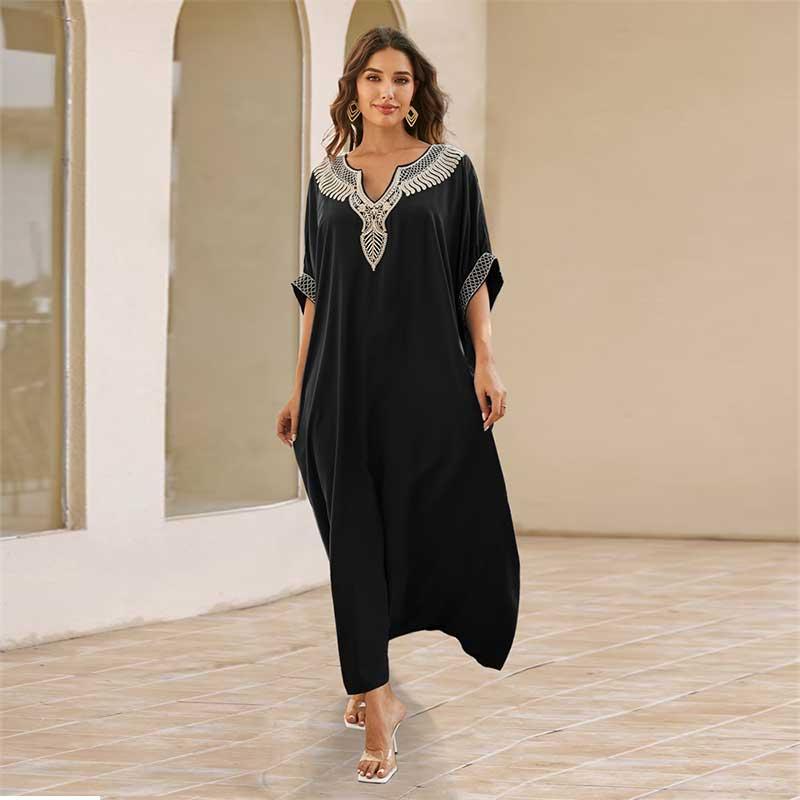 2024 Black Fashion Badedrakt Cover Up For Kvinner Hus Kjole Elegant broderi Kaftan Summer Beach Badedrakt Coverup Outfit Q1622