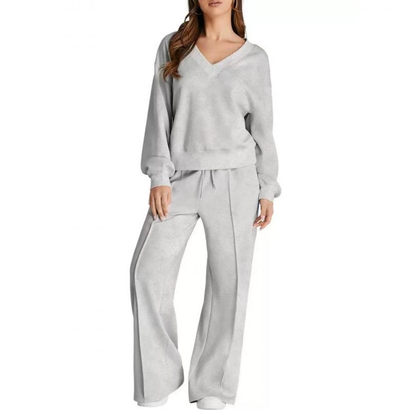 Conjunto Casual de Sudadera de Color Sólido con Cuello en V y Pantalones Largos para Mujer Otoño/Invierno 2025 - Moda Europea/Americana