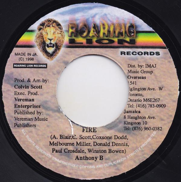 

7inch Record ANTHONY B - Fire NONE Roaring Lion Re 1998 Jamaica Reggae, Ska & Dub Used