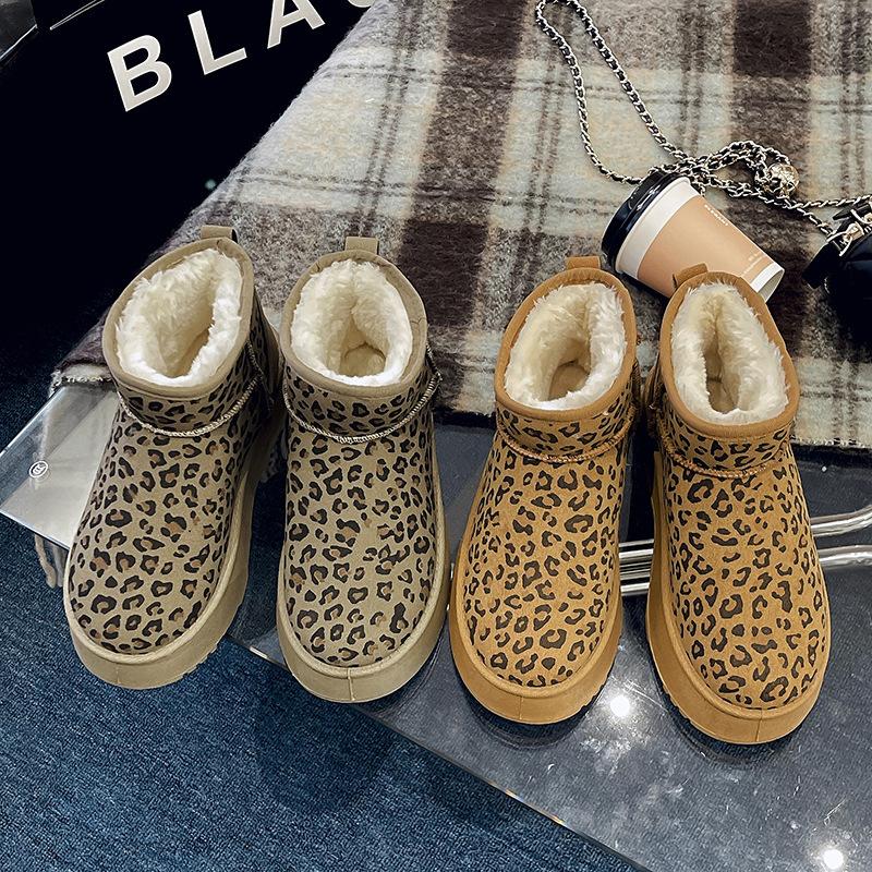 Winter snow boots women's short tube thickened bread shoes velvet warm leopard print cotton boots