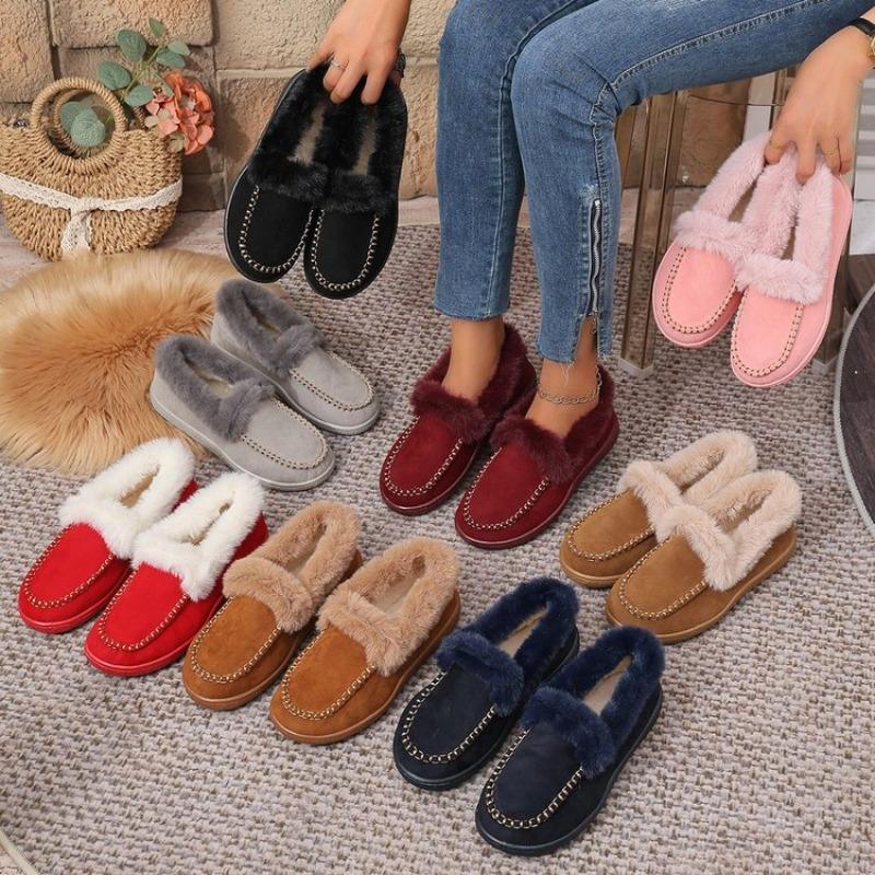 Women's Plus Size Furry Cuff Flat Cotton Shoes Autumn Winter Fleece Lined Warm Slip on Shoes