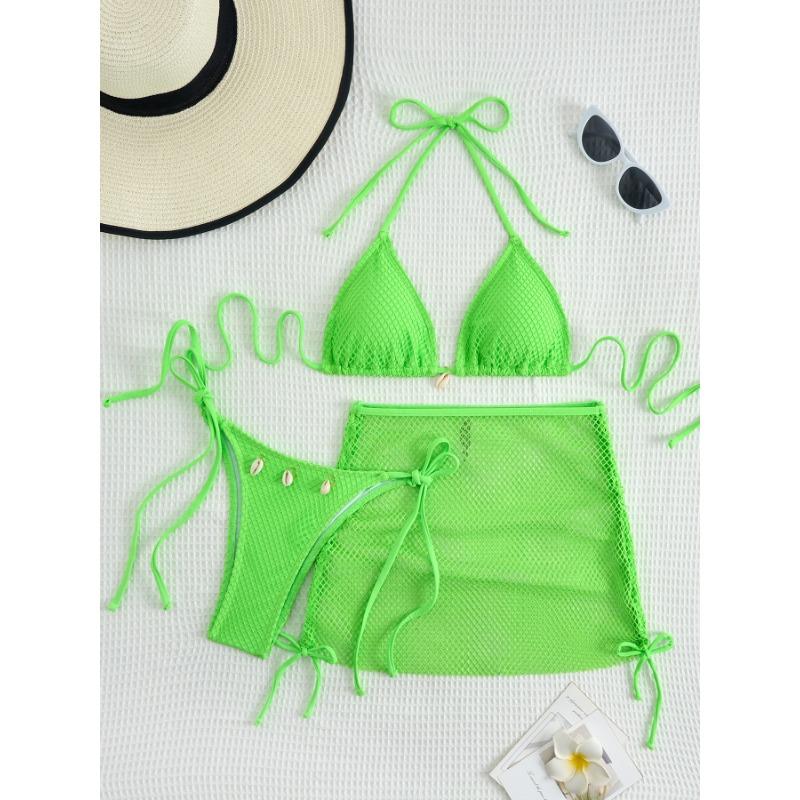 Brown Fishnet 3 Piece Bikini Set with Seashell Decor & Cover Up Skirt