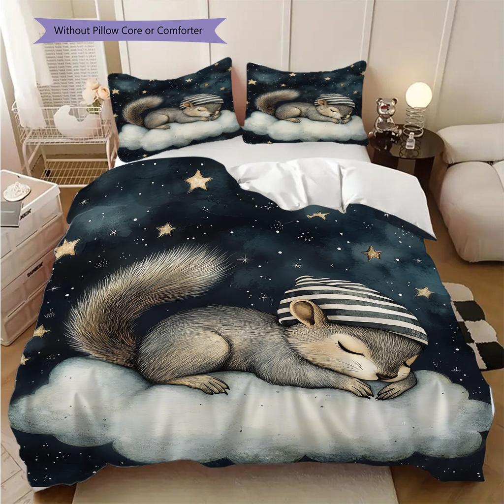 Squirrel Pattern Bedding Quilt Set Quilt Cover Pillowcase Home Decoration Birthday Gift (1 * Duvet Cover + 2 * Pillowcase, Without Core)