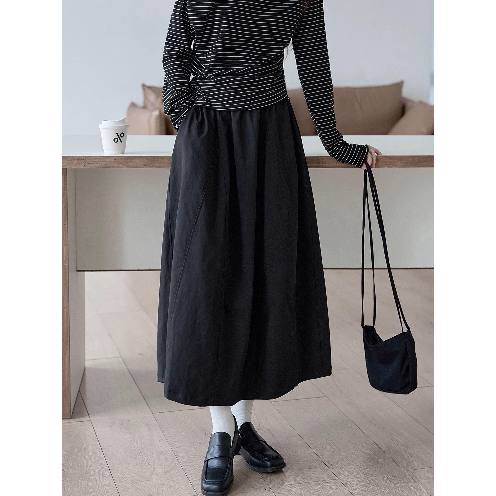 Women s Autumn High-Waisted Black Spliced Umbrella Skirt - Casual, Versatile, Slimming Design Medium чёрный