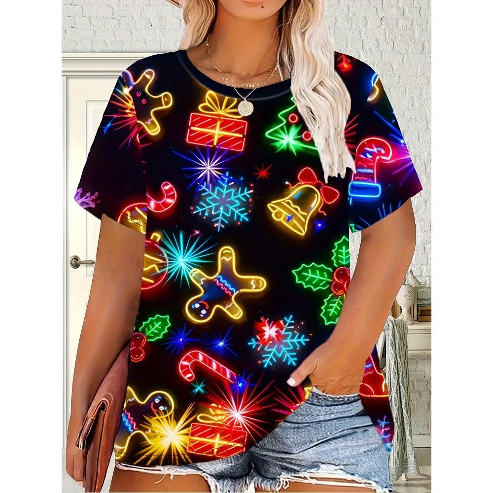 

Women s Christmas Reindeer & Rudolph Print T-Shirt Short Sleeve Round Neck Casual Top Xmas Parties Costume Y2k Ladies Clothes XS