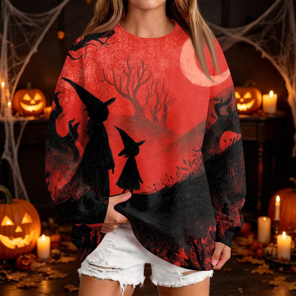 Women's Casual Round Neck Sweatshirt with Halloween Print, Long Sleeve Pullover for Festivals