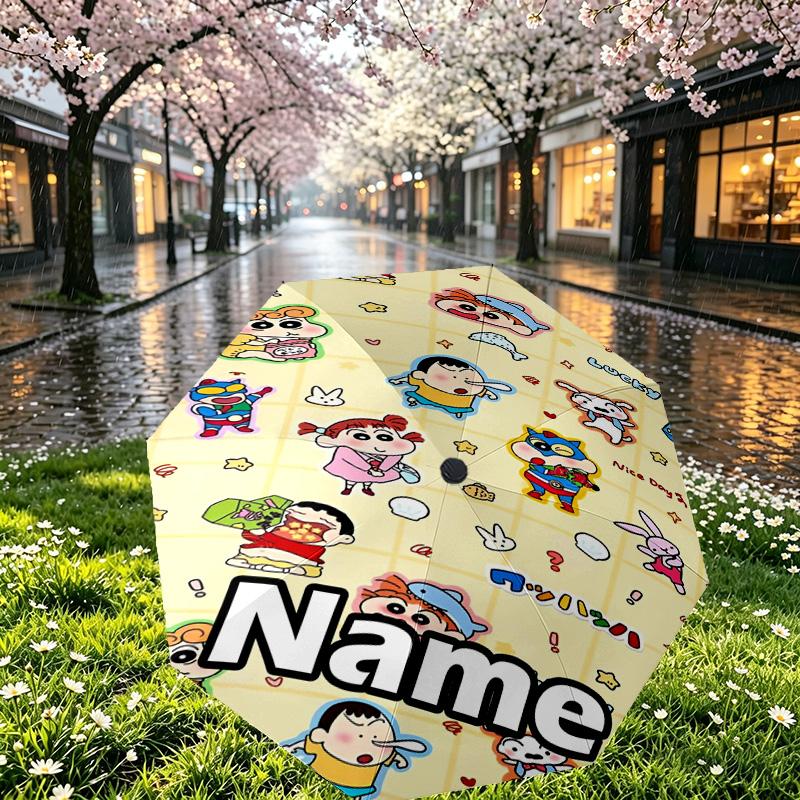 Custom Name Personalized Crayon Shin Print Umbrella, Auto Open Close, 8‑Rib Sturdy Frame, Commute Camping Hiking Use, Birthday Gift