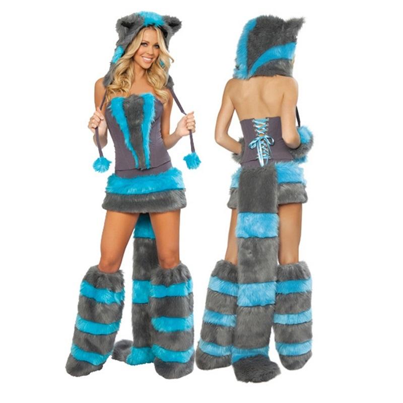 Costume Gatto Leopardo da Donna con Coda Cappuccio Peloso Animale Cosplay Outfit Festa di Halloween Travestimento Clubwear