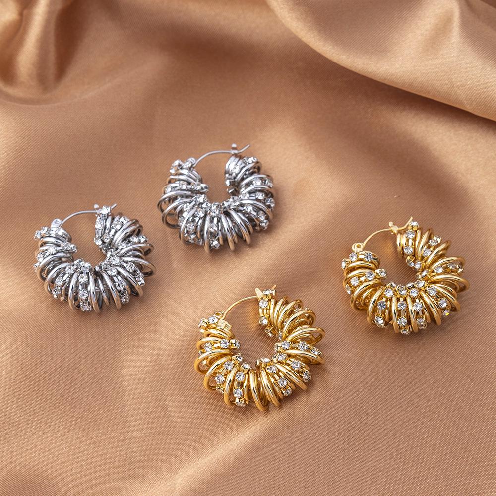 Evropské a americké spirálové náušnice s diamanty: Luxusní, špičkové kruhové náušnice s trendy, niche chladným stylem